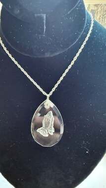 Vintage Hallmark Cards Praying Hands Teardrop Crystal Pendant Necklace